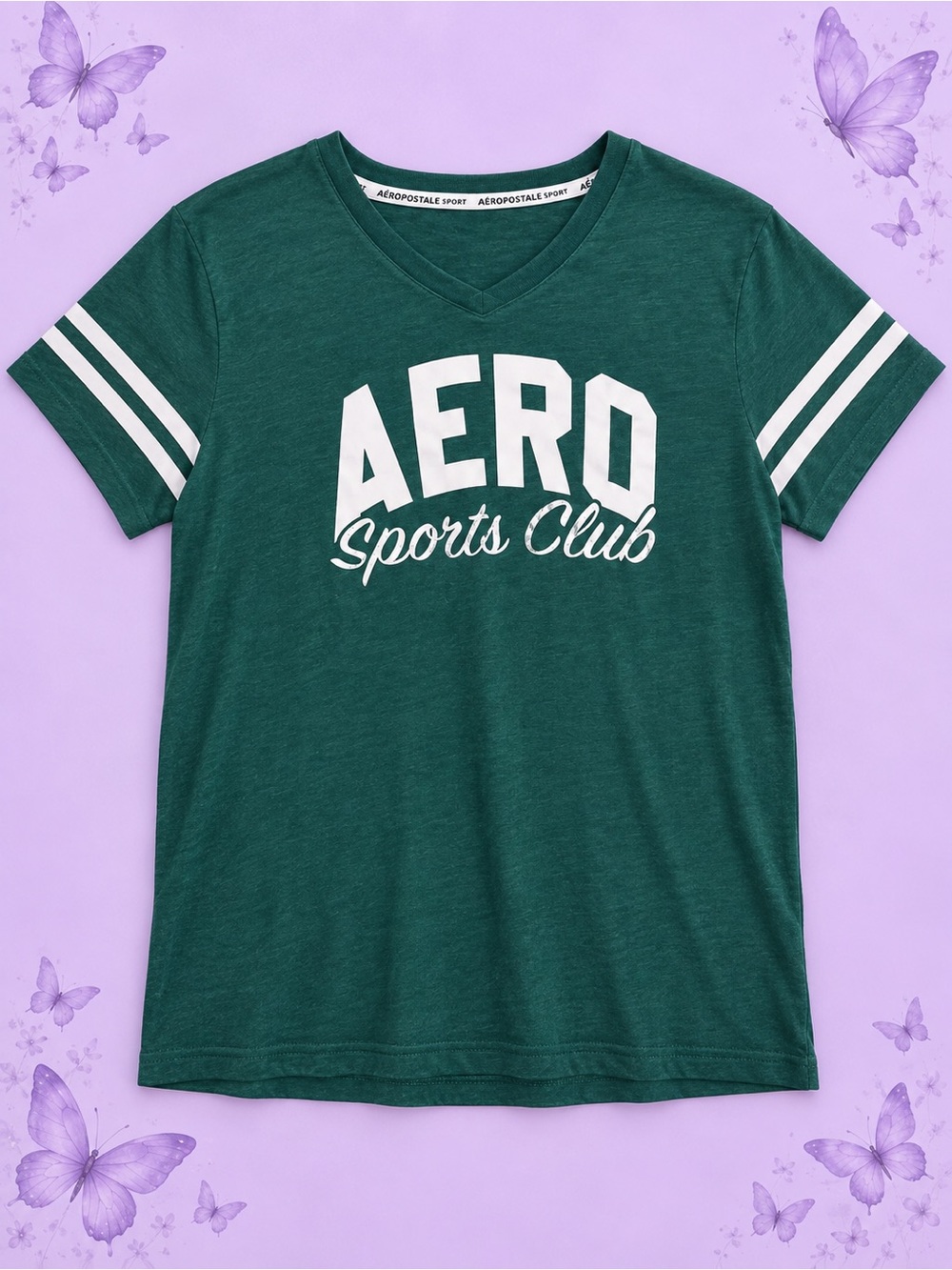 Aeropostale Green 'Aero Sports Club' V-Neck Tee with White Sleeve Stripes